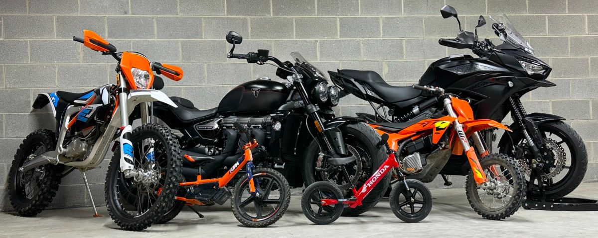 HazardSports banner — Triumph Rocket 3, Kawasaki Versys 650, KTM SX-E 5, KTM EXC, STACYC, and Strider motorcycles